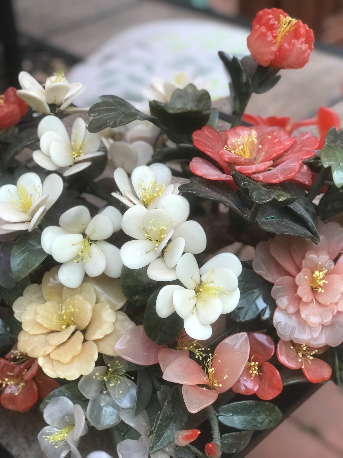 Vintage Chinese Bansai Pink / White Flowers-Jade Leaves /Jade Base -20 pounds