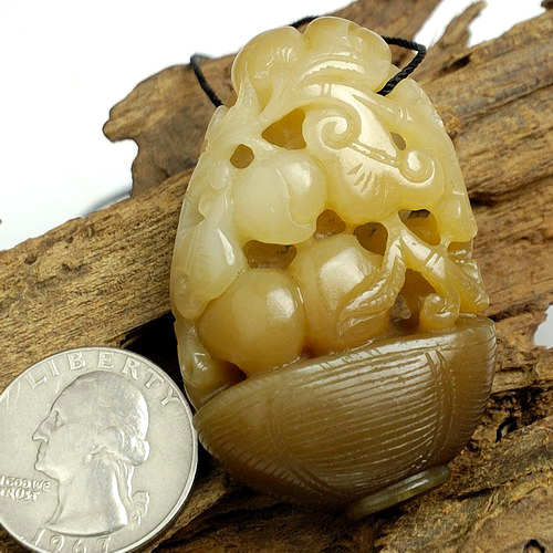 Natural Hetian Nephrite Jade Carving Pendant Monkey Flower Basket w/ Certificate