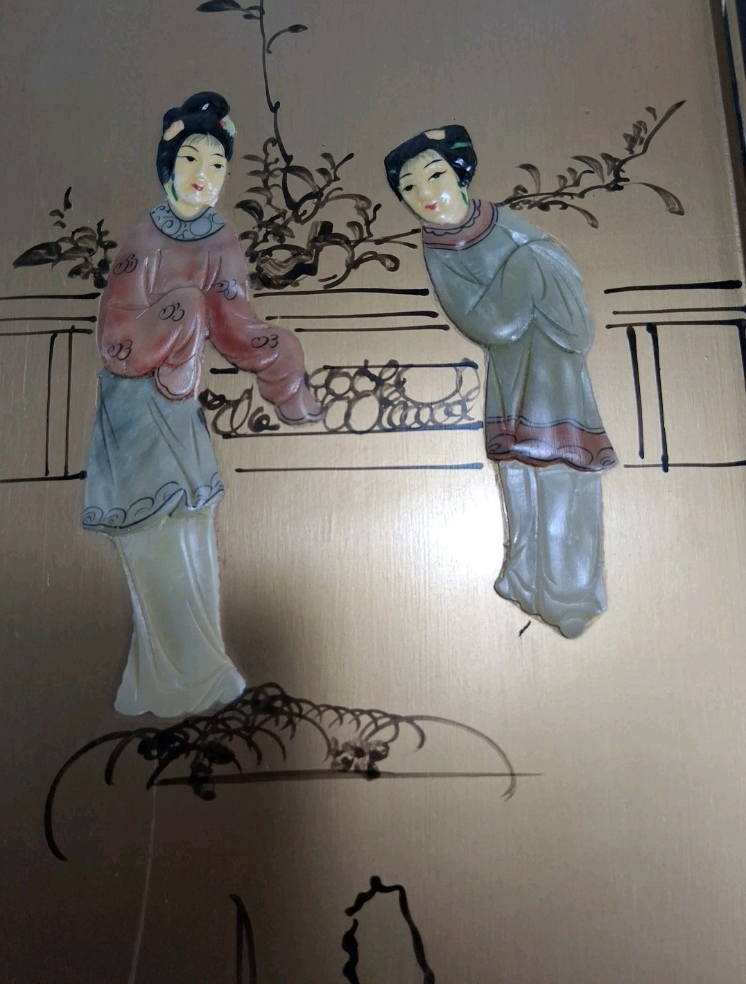 2 VTG Handmade Painted Asian Geisha Girls Wall Panels Read Description Look #2