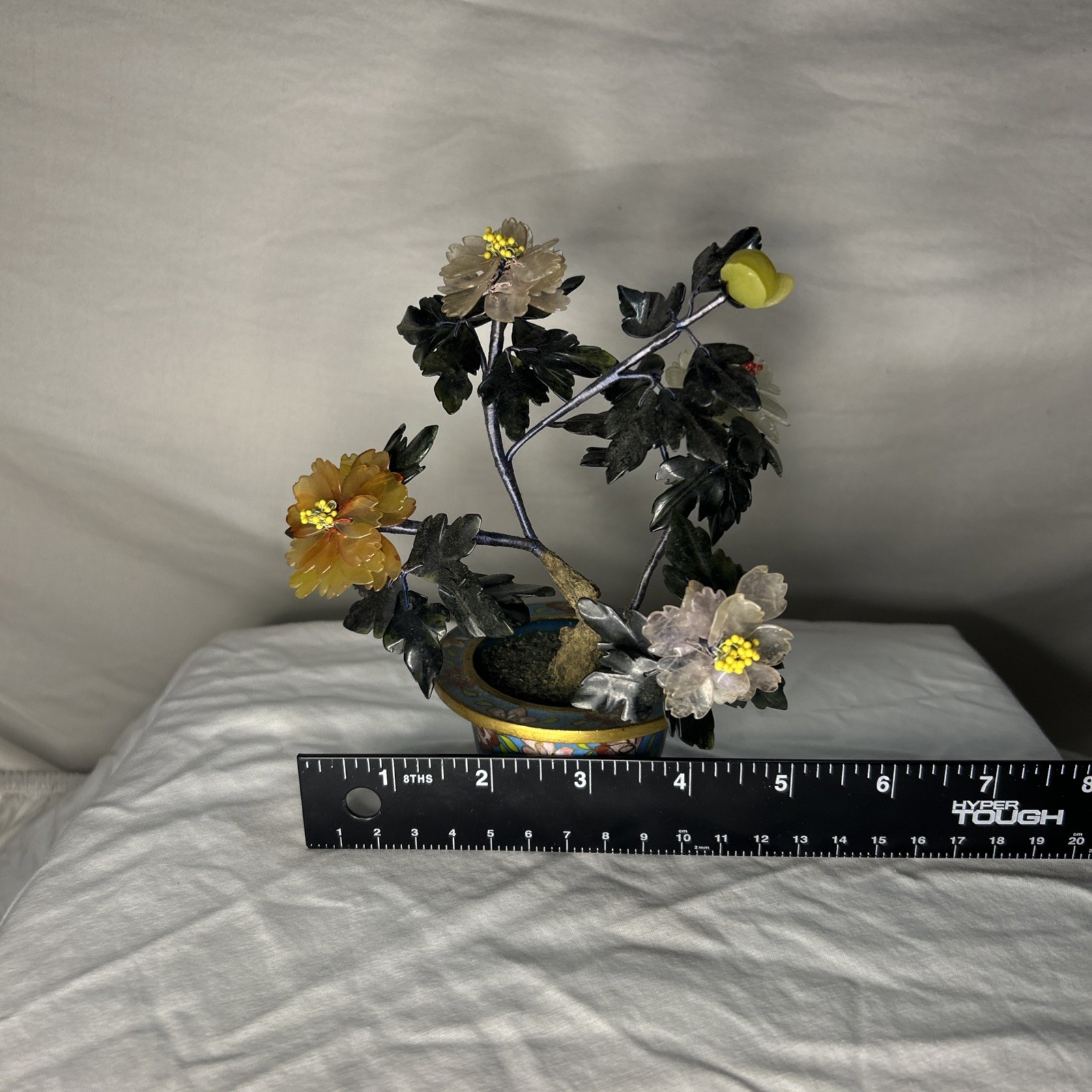 Vintage Chinese Jade Bonsai Tree Sculpture in Cloisonné Enamel Pot Iris Apfel