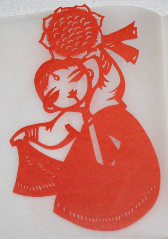 2 vintage red Chinese paper cutout woman drum dancing intricate delicate Asian