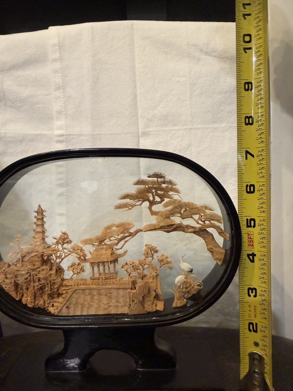 MCM Vtg. Carved Cork Chinese Art Diorama w/Cranes Pagoda and Trees Black Lacquer