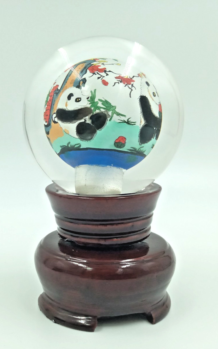 Vintage Reverse Chinese Glass Ball Pandas Paperweight Hand Painted With Stand