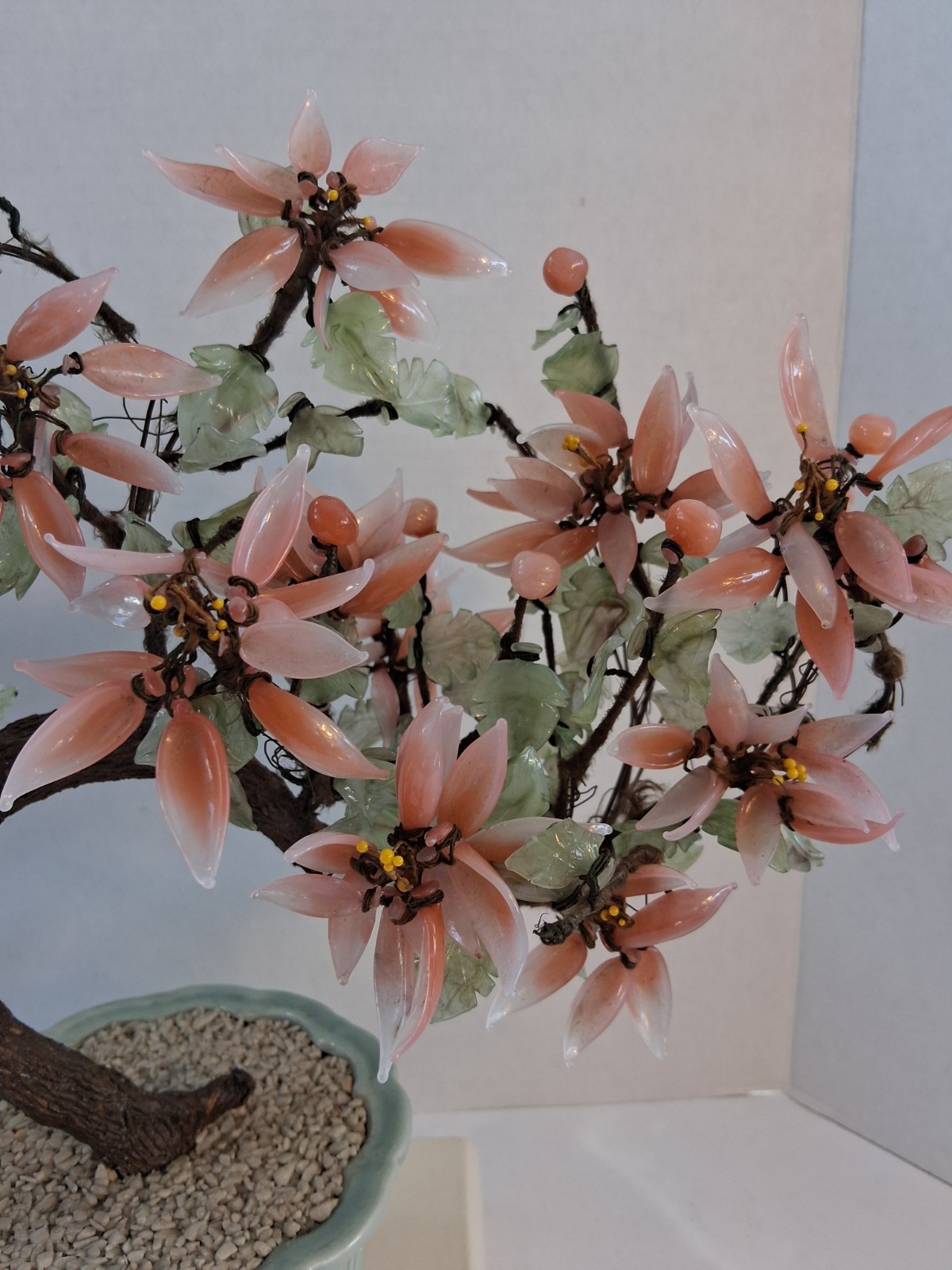 Vtg! XL Asian Bonsai Jade Glass & Coral Color Quartz Flowering Tree;14.5″x 13.0″