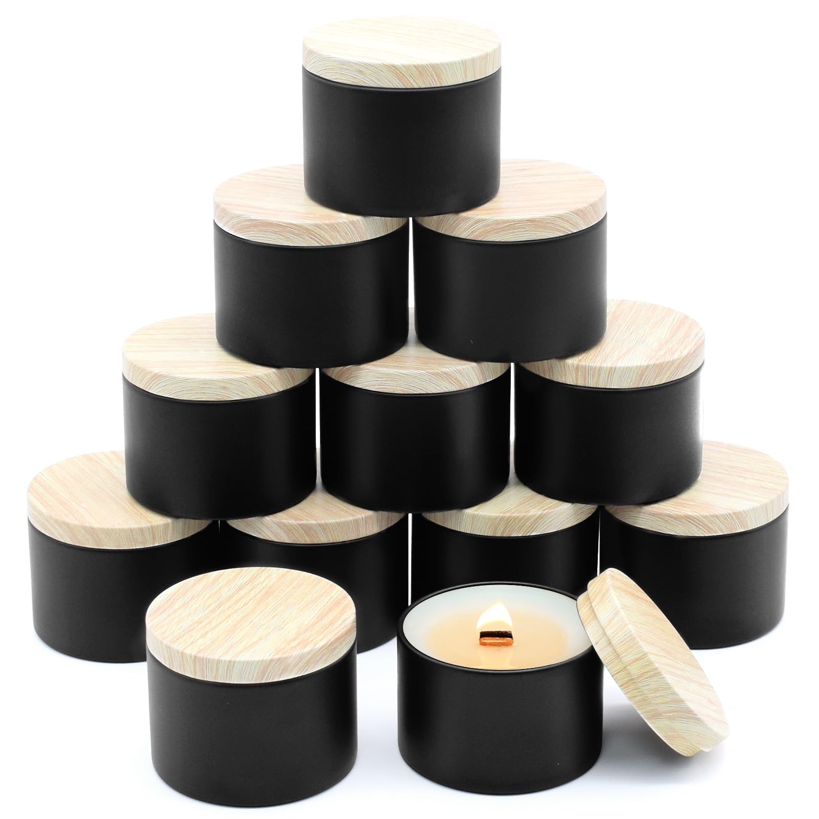 12 PCS Candle Jars 8oz Tins Metal Wood-Grain Printing Lids Empty Bulk Black