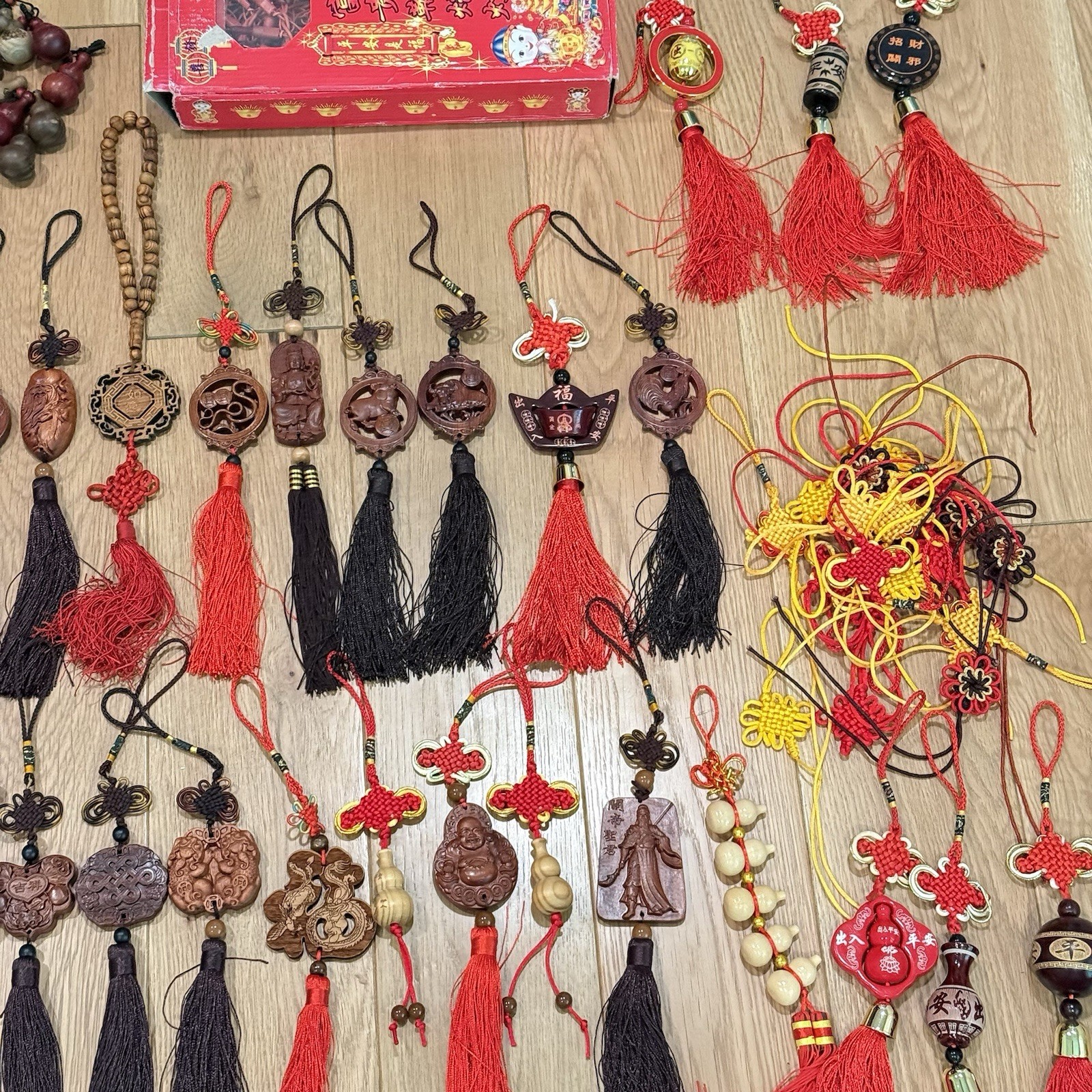 LOT OF Chinese Asian Good Luck Wall Hanging Wood Carve Porcelain Ornament Tassel