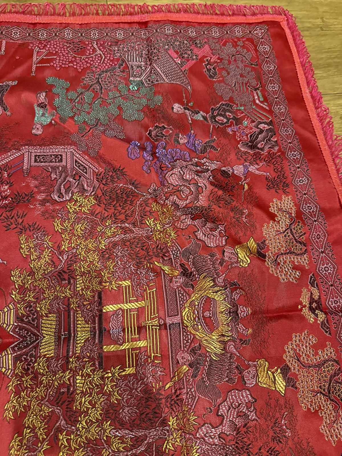 Vintage Brocaded Flowers Chinese Silk Tapestry Table Cloth 38” X 38”