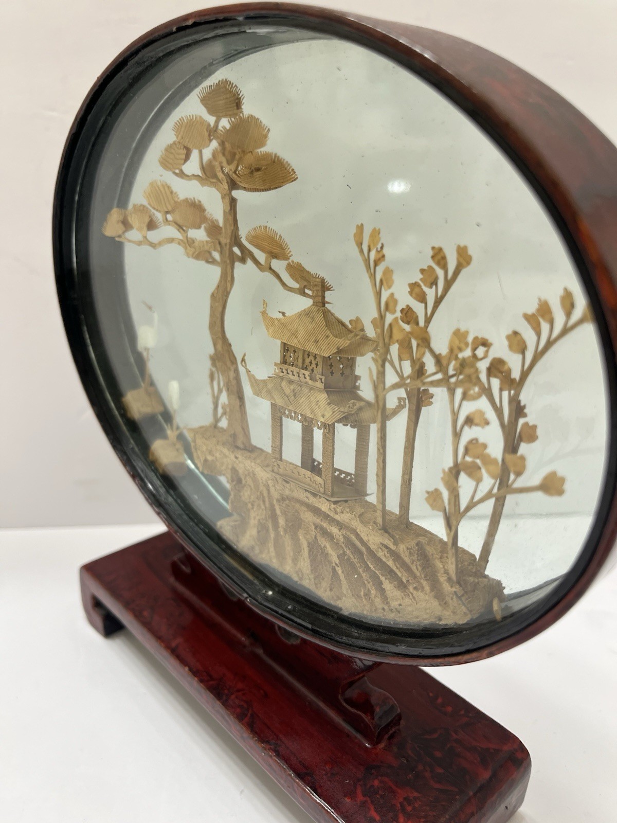 Vintage Chinese Hand Carved 3D Cork Diorama Framed Trees Pagoda Silk Crane 8×8”