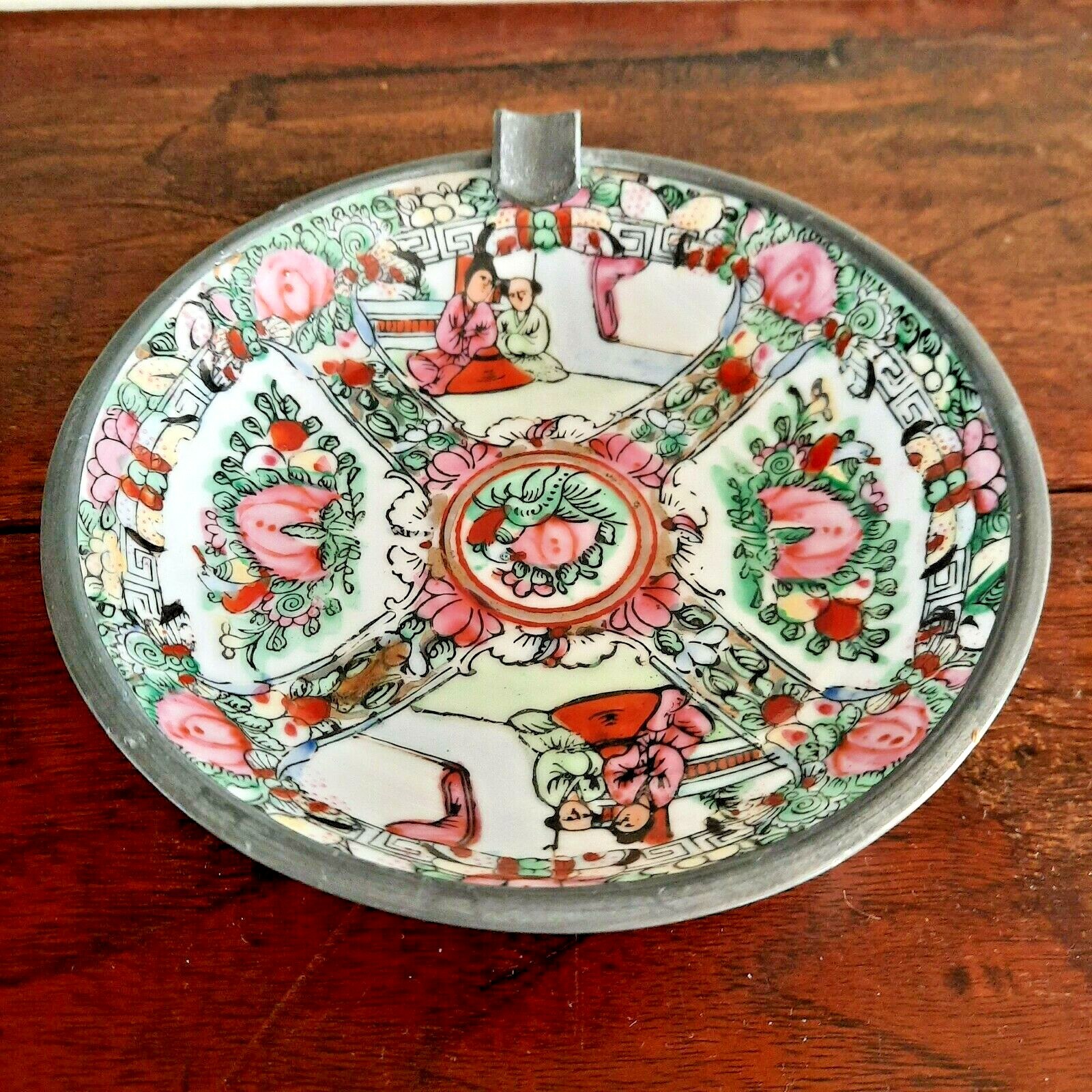 Vintage Chinese Porcelain Famille Rose Medallion Pewter Cased Ashtray Marked 6″