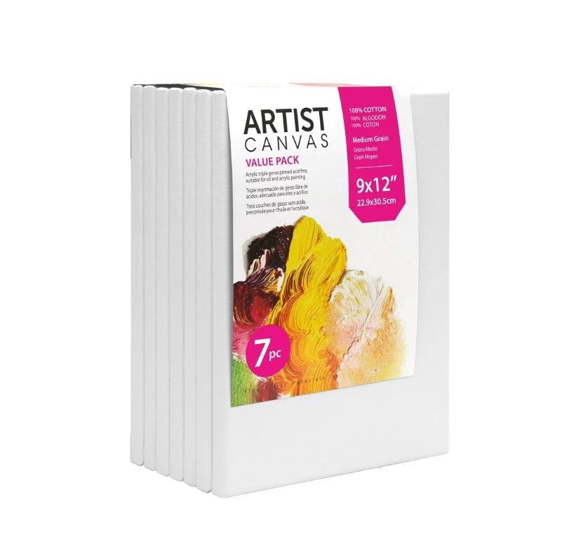 Studio Stretched Canvas, 9″X12″, 7 Pack, 100% Cotton Acid Free, White, Academic