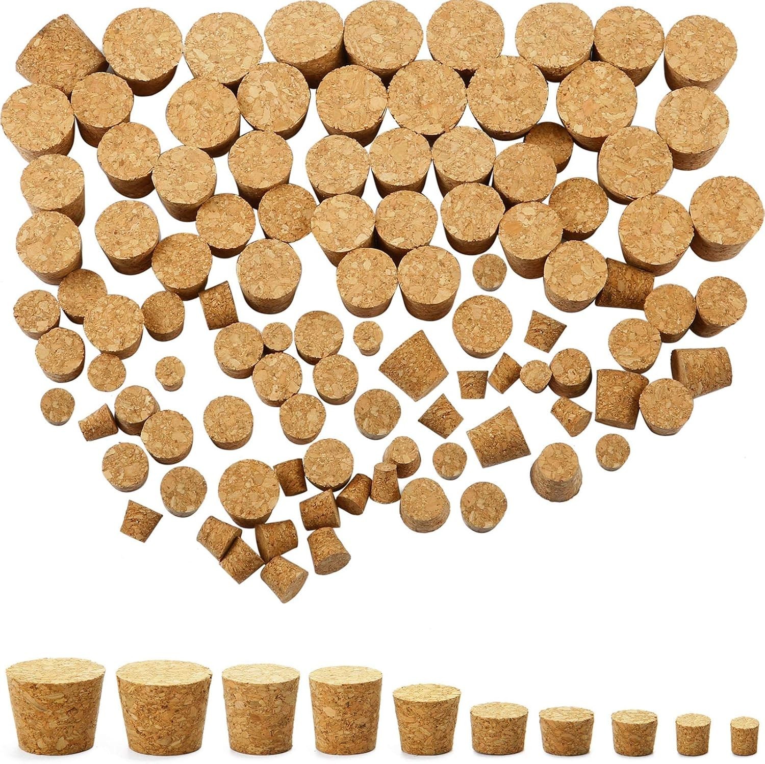 100Pcs Small Cork Stoppers Assorted Sizes – Mini Tapered Cork Plugs for Wine Bot