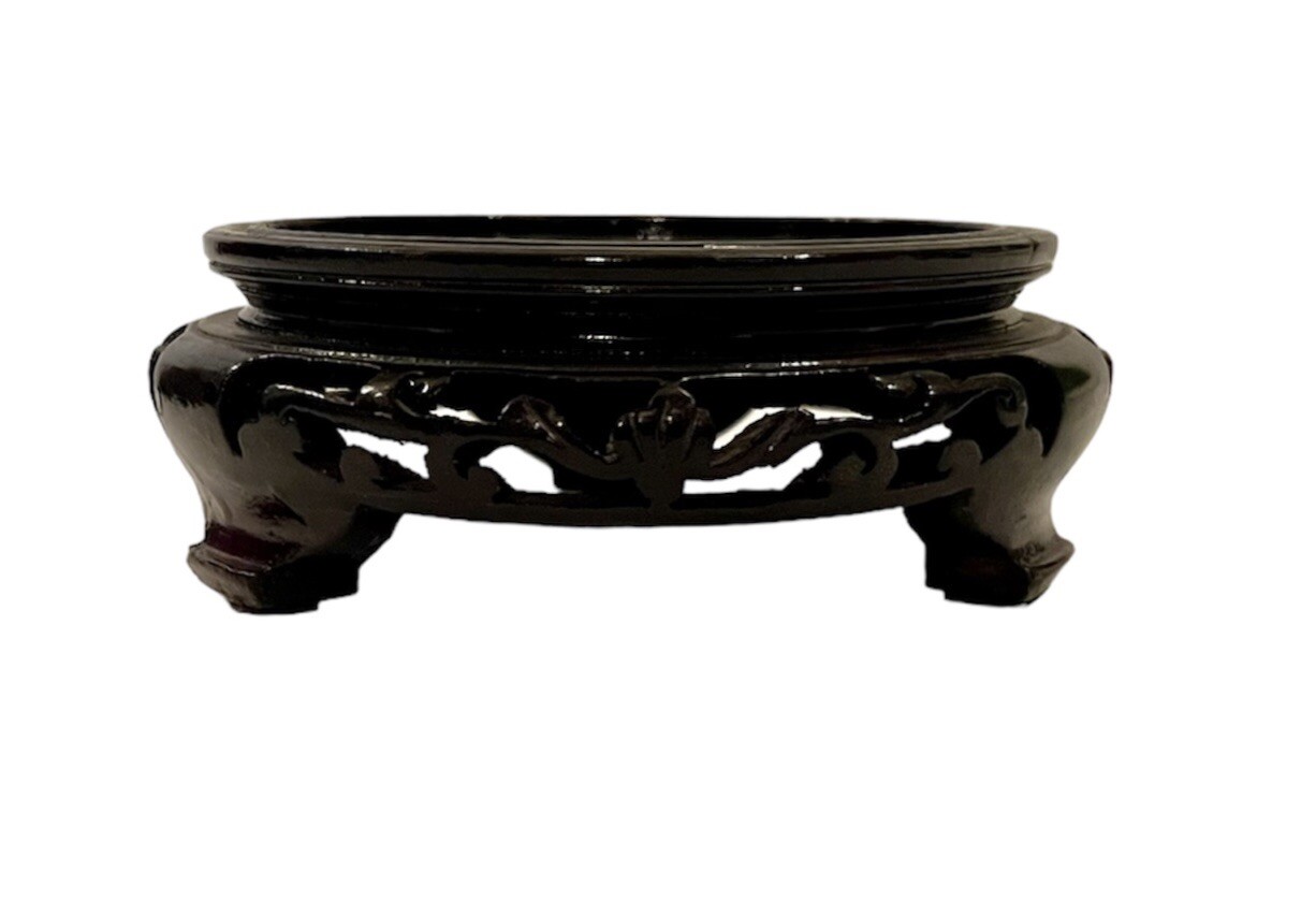 Vintage 14″ Chinese Jade and Stone Bonsai Tree in Gold Pot and Wood Carved Base