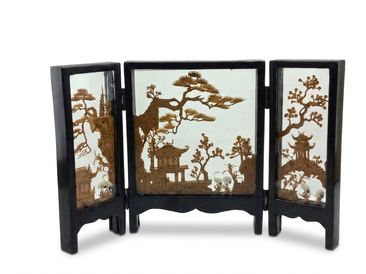 Vintage Chinese Cork Diorama Folding Screen Carved Art Lacquer Wood 3 Panel