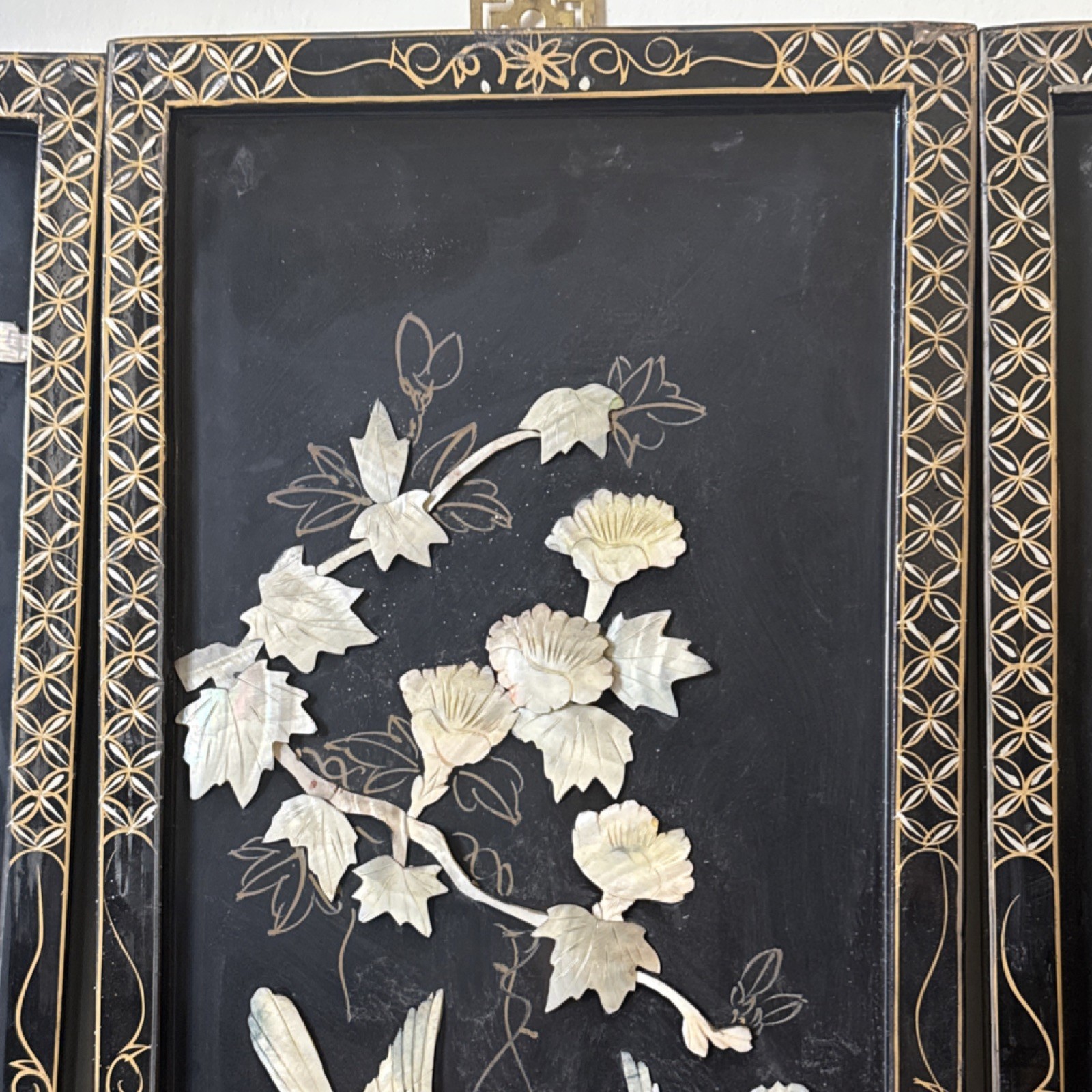 Chinese Four Panel Decorative Wall Art Set Birds Flowers Black Gold Frames