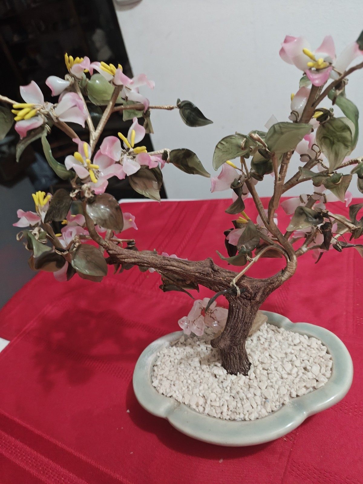 Multicolor Cherry Blossom Chinese Jade And Glass Flowering Bonsai Tree