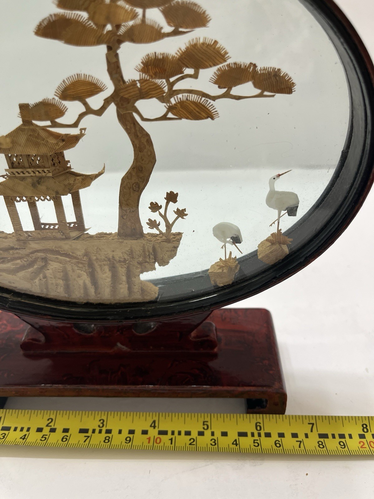 Vintage Chinese Hand Carved 3D Cork Diorama Framed Trees Pagoda Silk Crane 8×8”