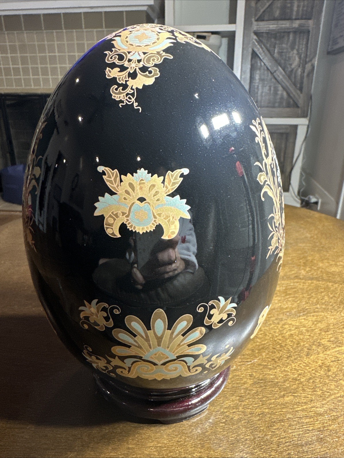 Vintage Large Satsuma Chinese Porcelain Egg Black Gold Moriage Bird Floral 9.5″