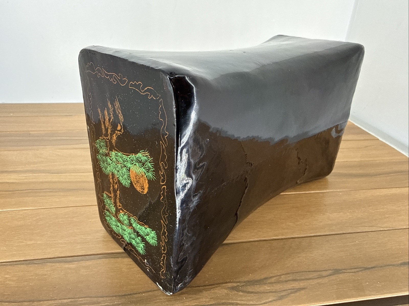 ANTIQUE CHINESE BLACK LACQUERED LEATHER OPIUM PILLOW GEISHA ASIAN DECOR TREES