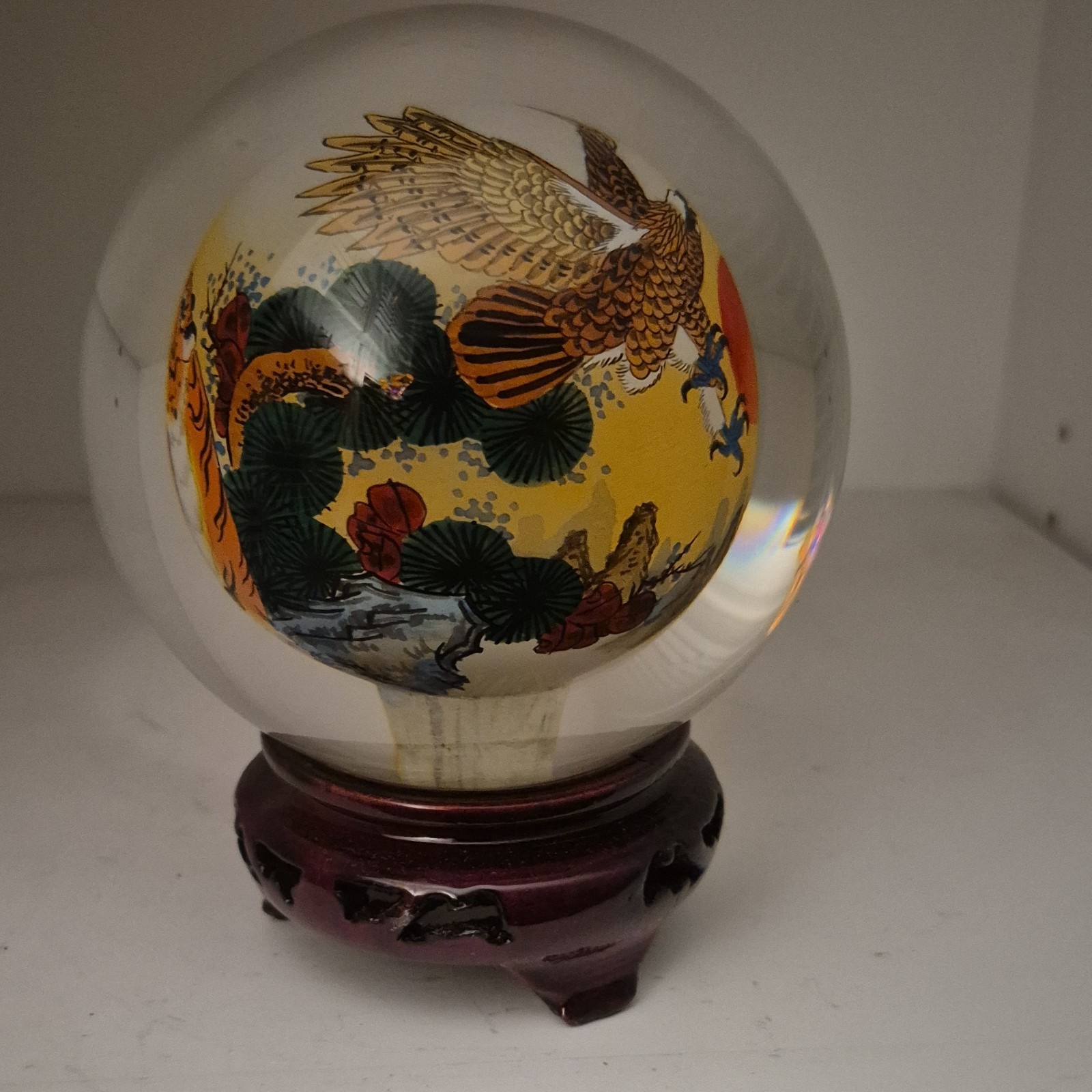 Large 4.5″ Vintage 1997 Chinese Inner-Painted Crystal Ball-Eagle & Tiger Stand