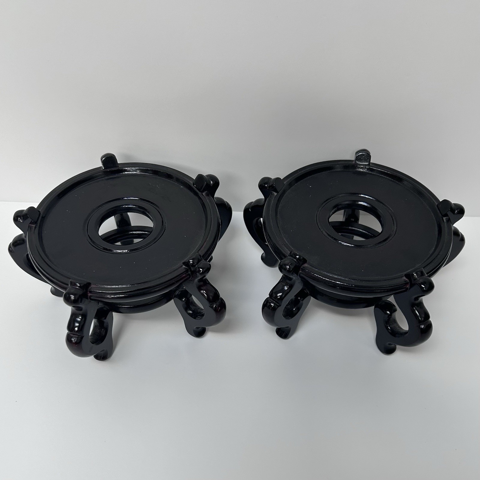 PAIR of 7″ Asian Wooden Plant Pedestal Vase Stands 5-Leg Holds 5″ Diameter
