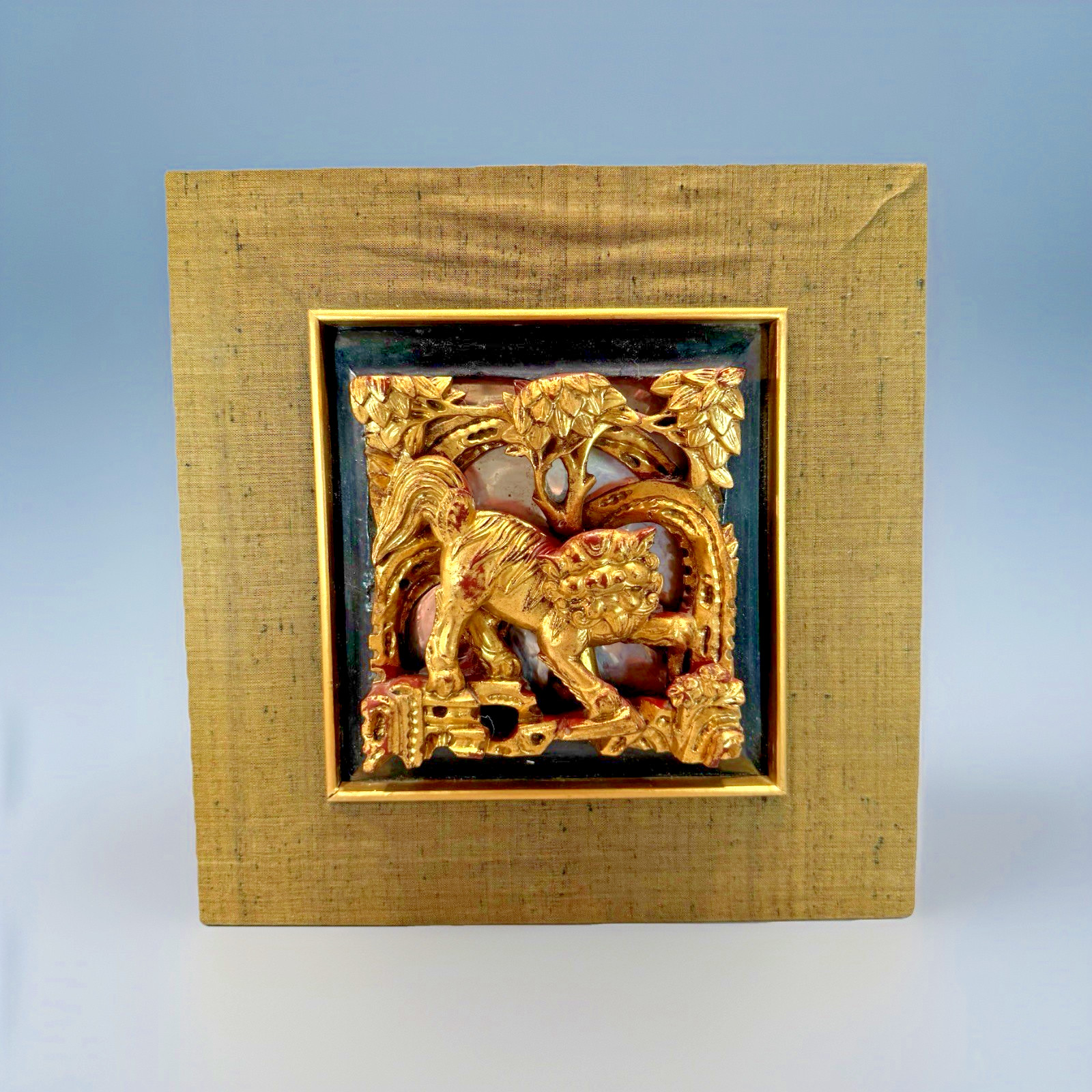 Hand Carved Antique Gilt Wood Panel from Peking 1830 Lion or Foo Dog Framed