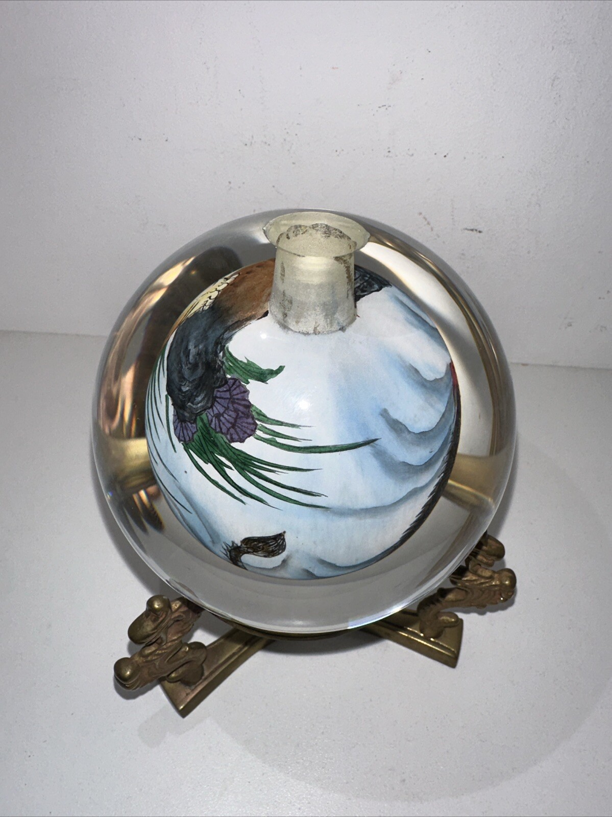 Vintage Asian Glass Ball Dragon Rotating Stand Chinese Reverse Painted Sphere