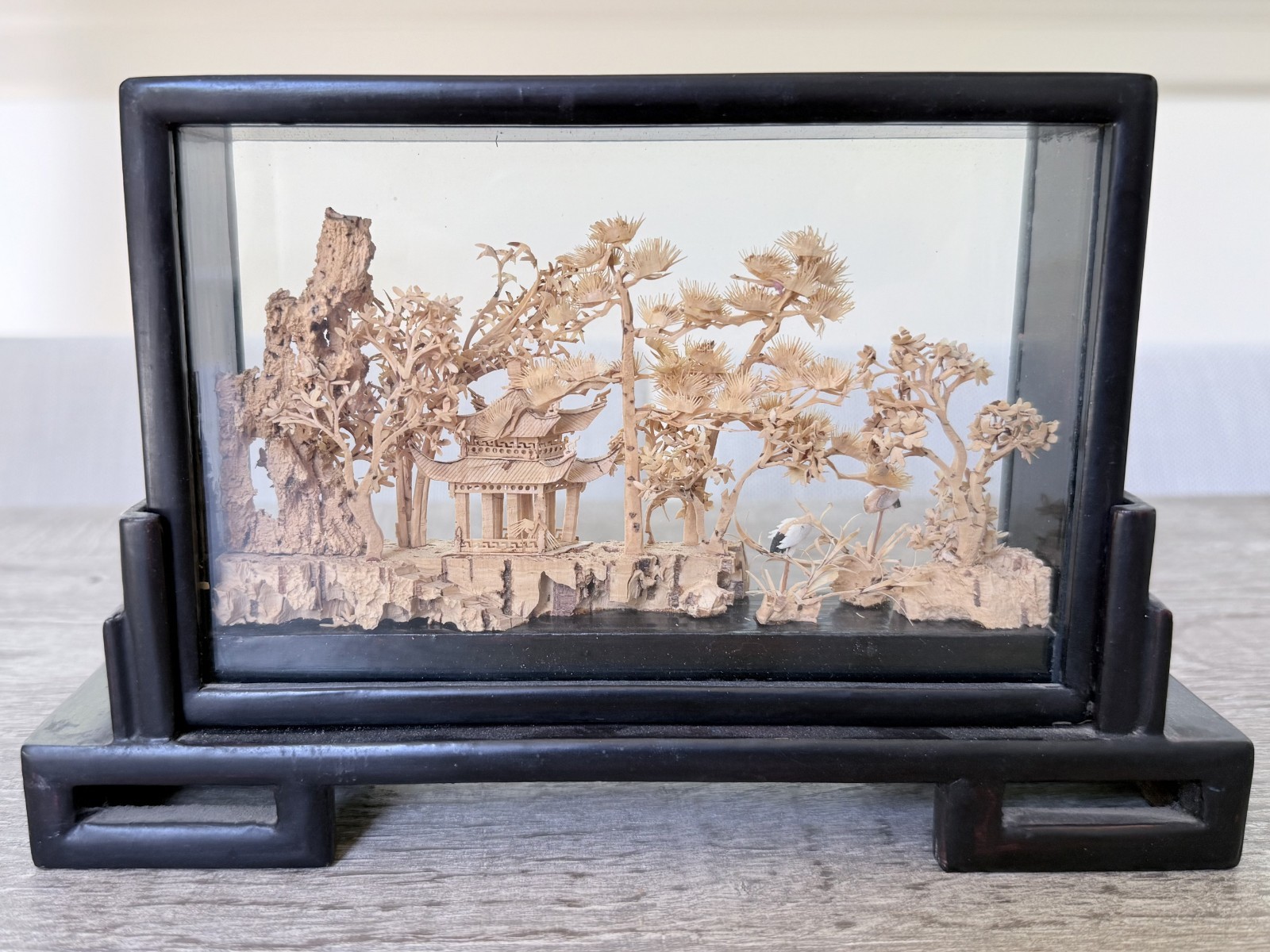 Vintage Chinese Cork Carving Shadow Box Hand Carved Pavilion Landscape 1980s