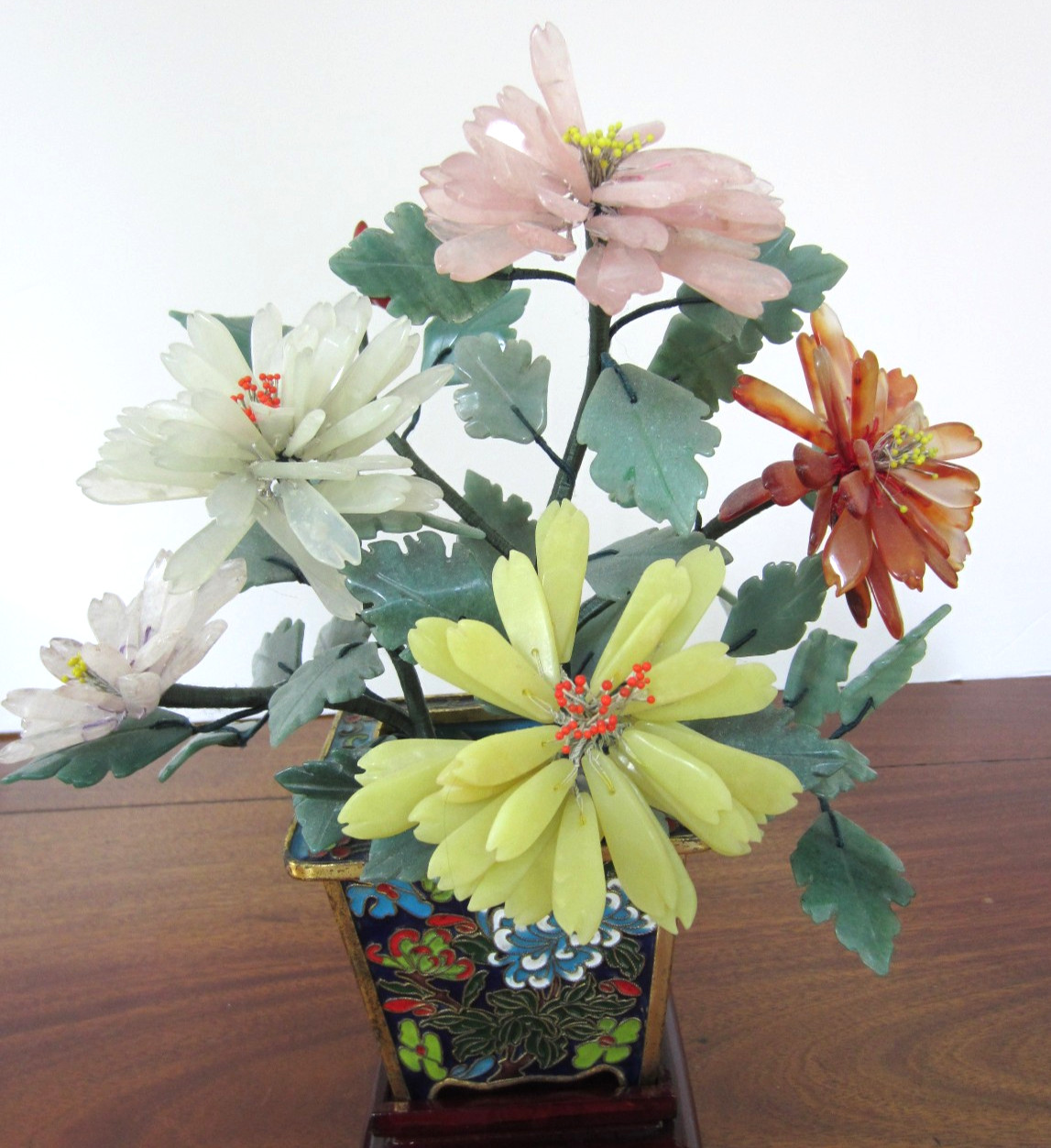 jade/stone bonsai with 5 large flowers in stunning cloisonne container