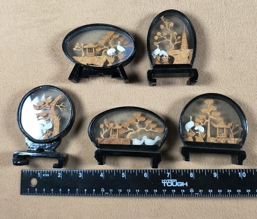 5 Vintage Chinese Oriental Asian CORK Carving DIORAMA Art 3D Cranes Shadow Box