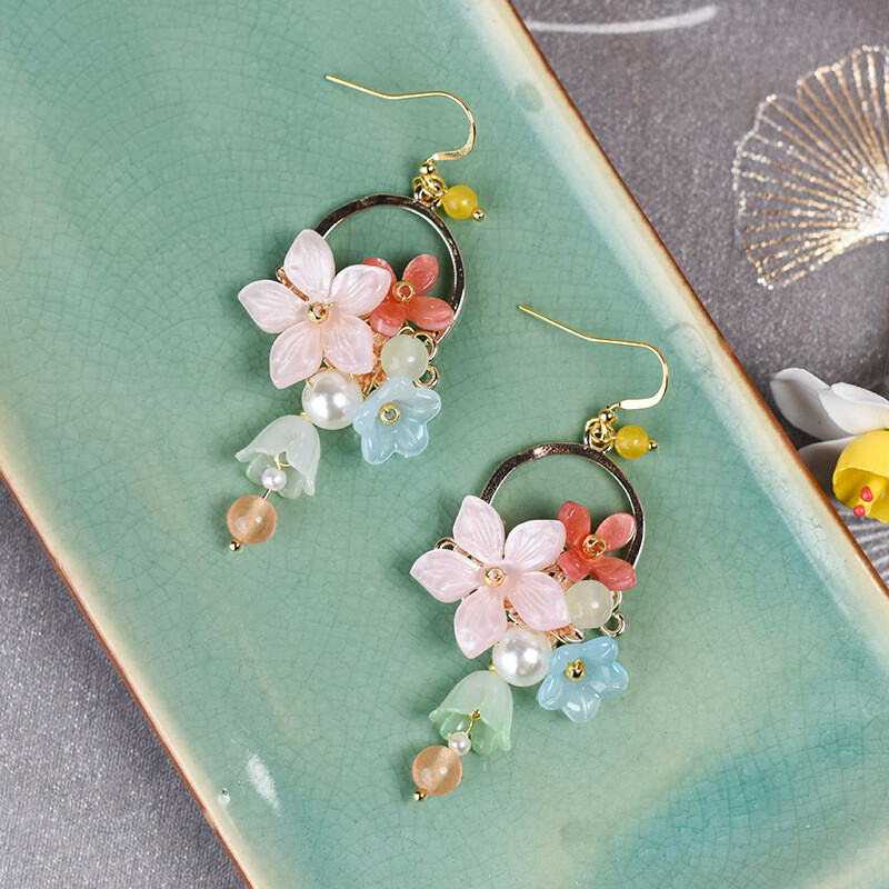 China Agate/Coloured Glaze Gild Flower Small Bell Tibetan Style Earbob Earrings