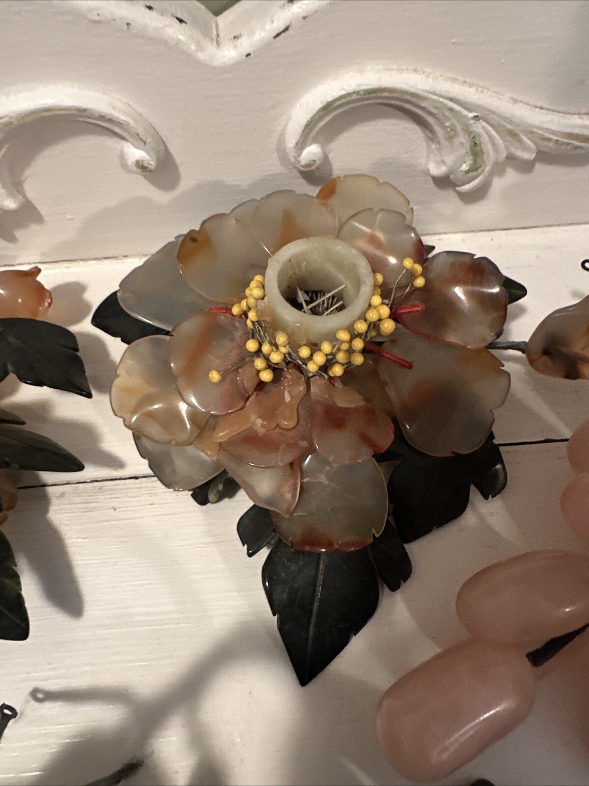 Group Chinese Carved Jade, Agate, Rose Quartz Gemstone Flowers Fruits Vegetables
