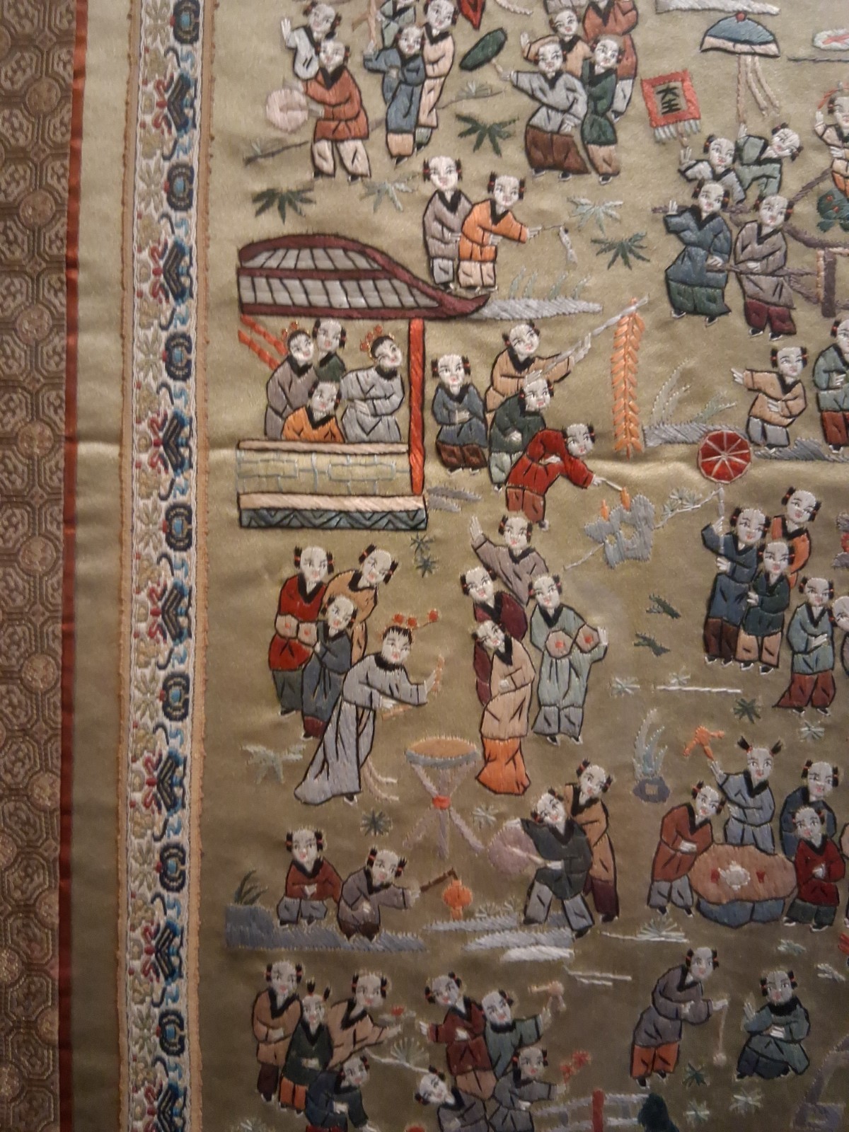 SALE….$99.Antique 100 Children Playing Chinese Hand Embroidered Silk Panel