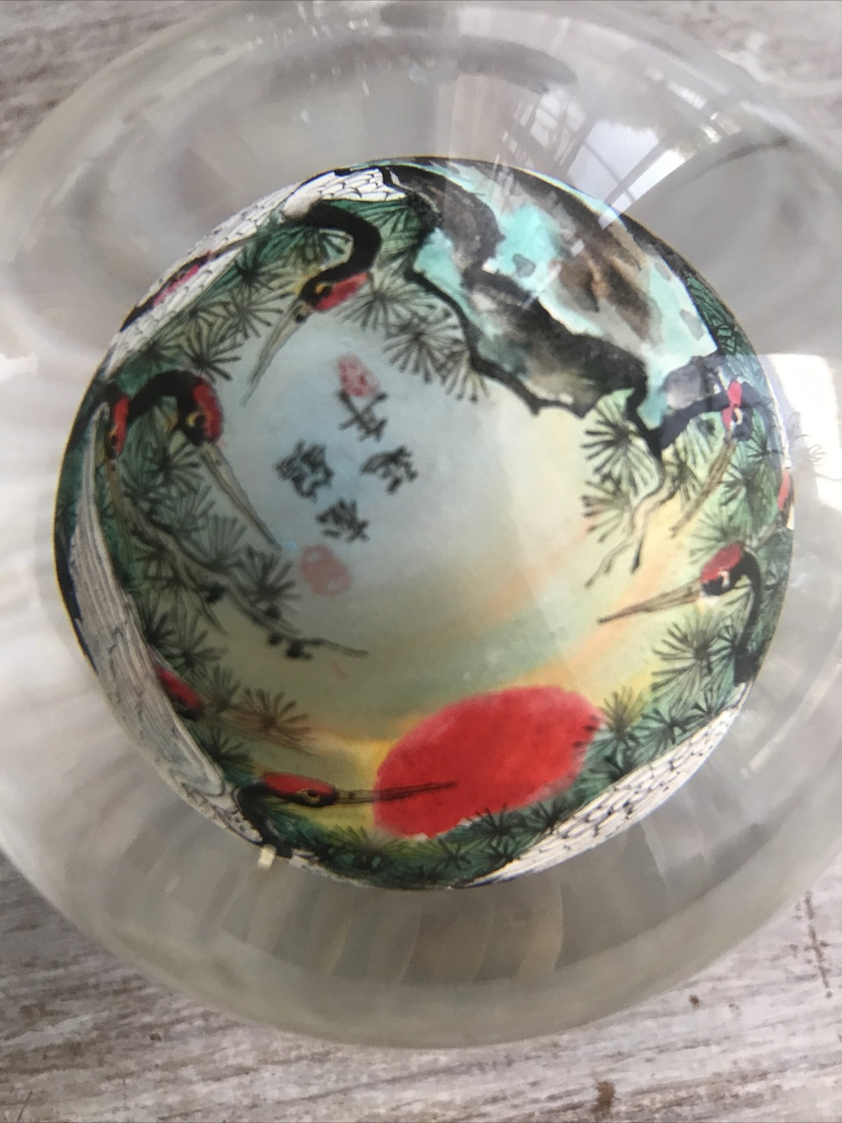 VTG Reverse Painted Glass Ball Sphere Paper Weight Oriental Asian Swan Bird