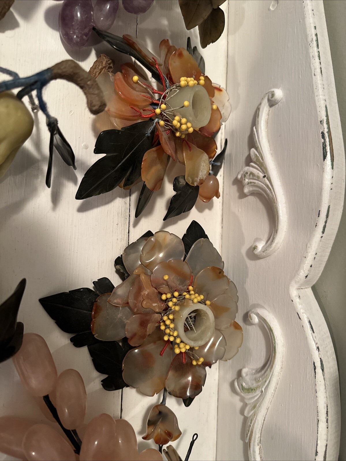 Group Chinese Carved Jade, Agate, Rose Quartz Gemstone Flowers Fruits Vegetables