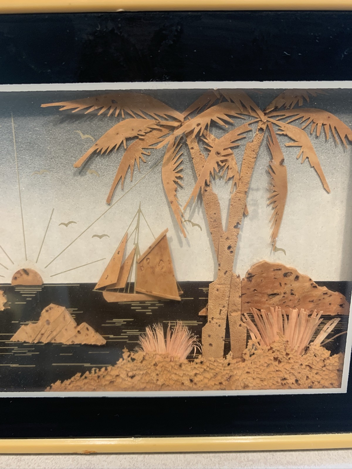 Vintage Chinese Hand Carved Cork Diorama 3D Landscape Art Shadow Box Glass Frame