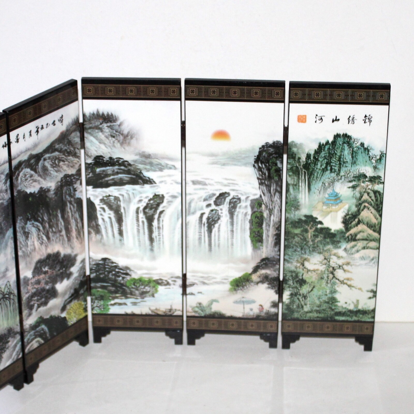 Jin Xiu Shan He small Chinese 6 panel screen divider lacquer decor asian