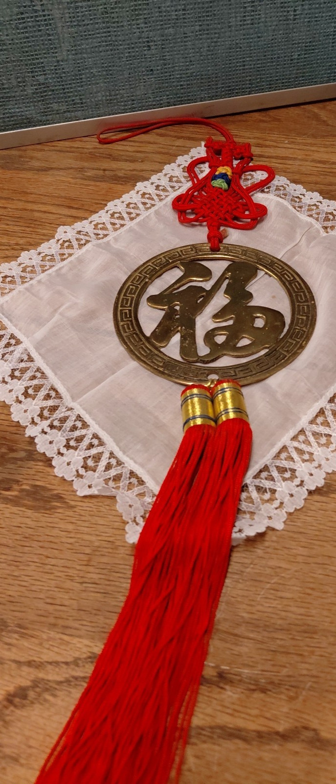 VTG Chinese Lucky Fu Knots RED/Brass Circle Wall Hanging Decor Silk Tassels Fy