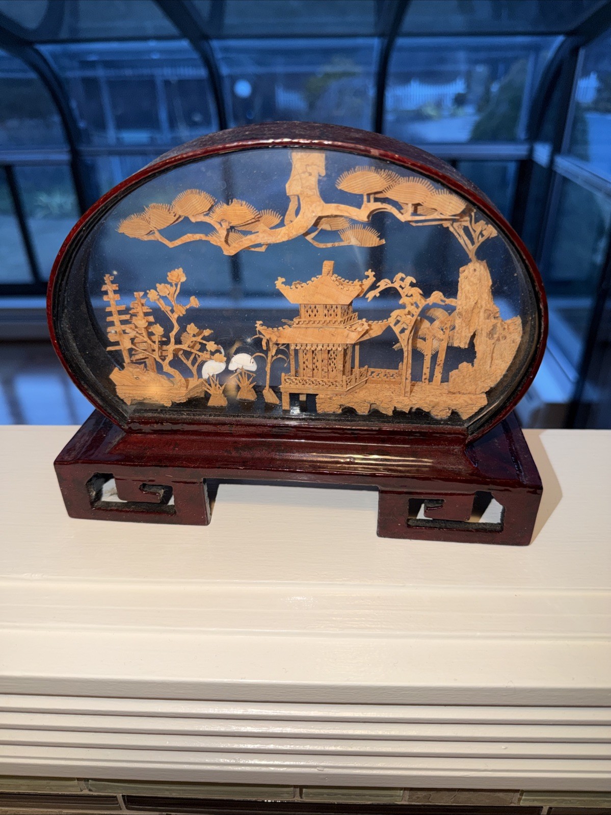 Vintage Chinese Hand Carved Cork Diorama in Red Lacquered Oval Frame