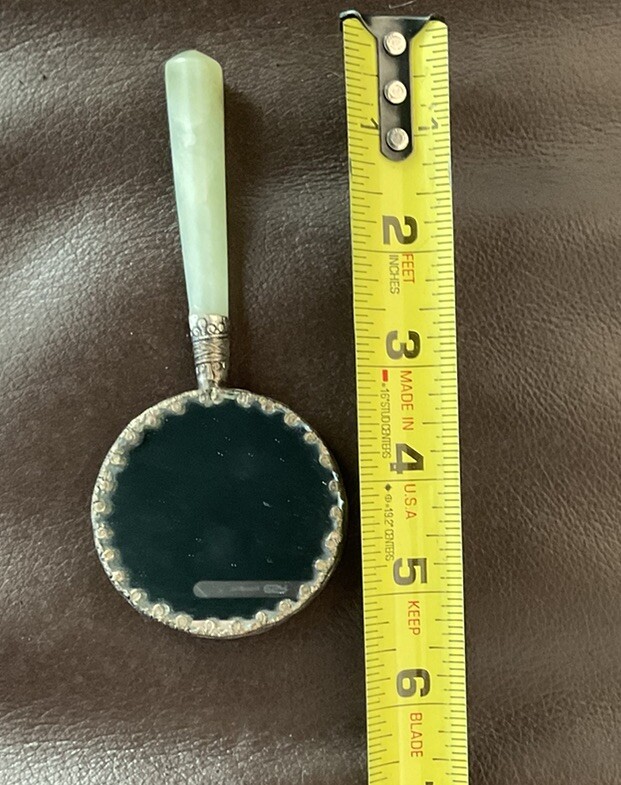 Chinese Small Hand Mirror Porcelain Scene Jade Handle China Asian Oriental