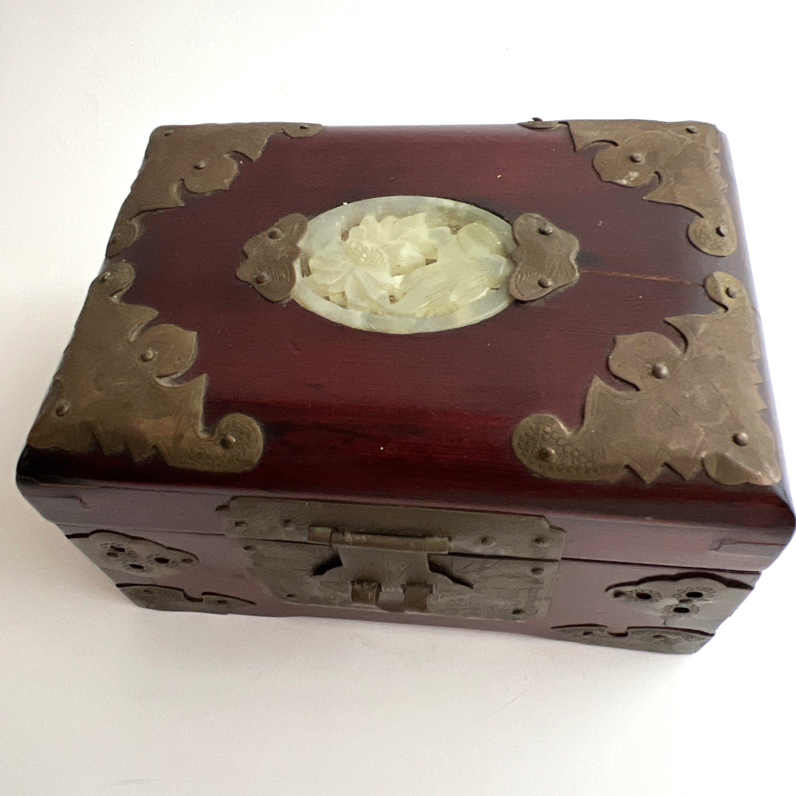 Rare Vintage Chinese Mahogany Jewel Box Chased Brass Accent Lock Jade Medallion