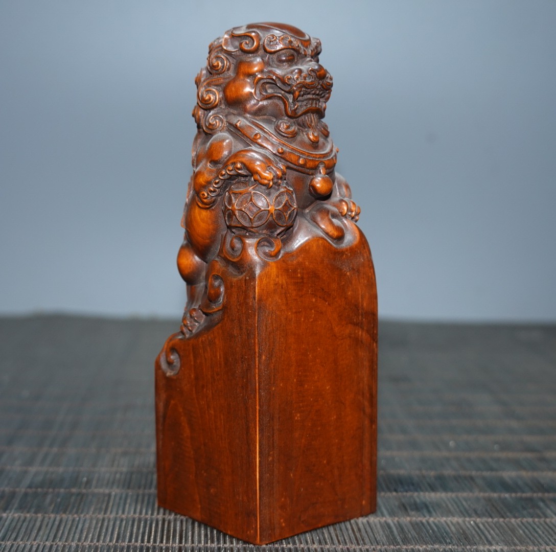 4.7″ Collect China Box-wood Carving Animal Foo Fu Dog Lion Seal ‘Uncarved Base’