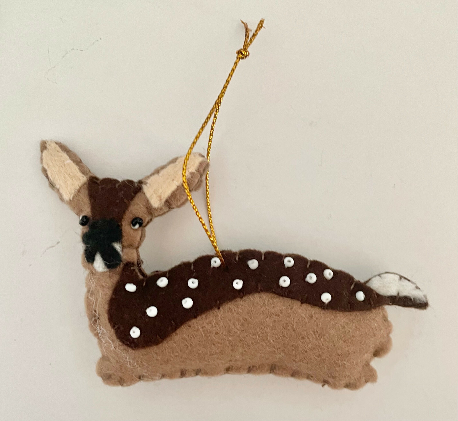 Woodland Fawn Beaded Felt Handmade Deer Holiday Ornament beige DARK BROWN white