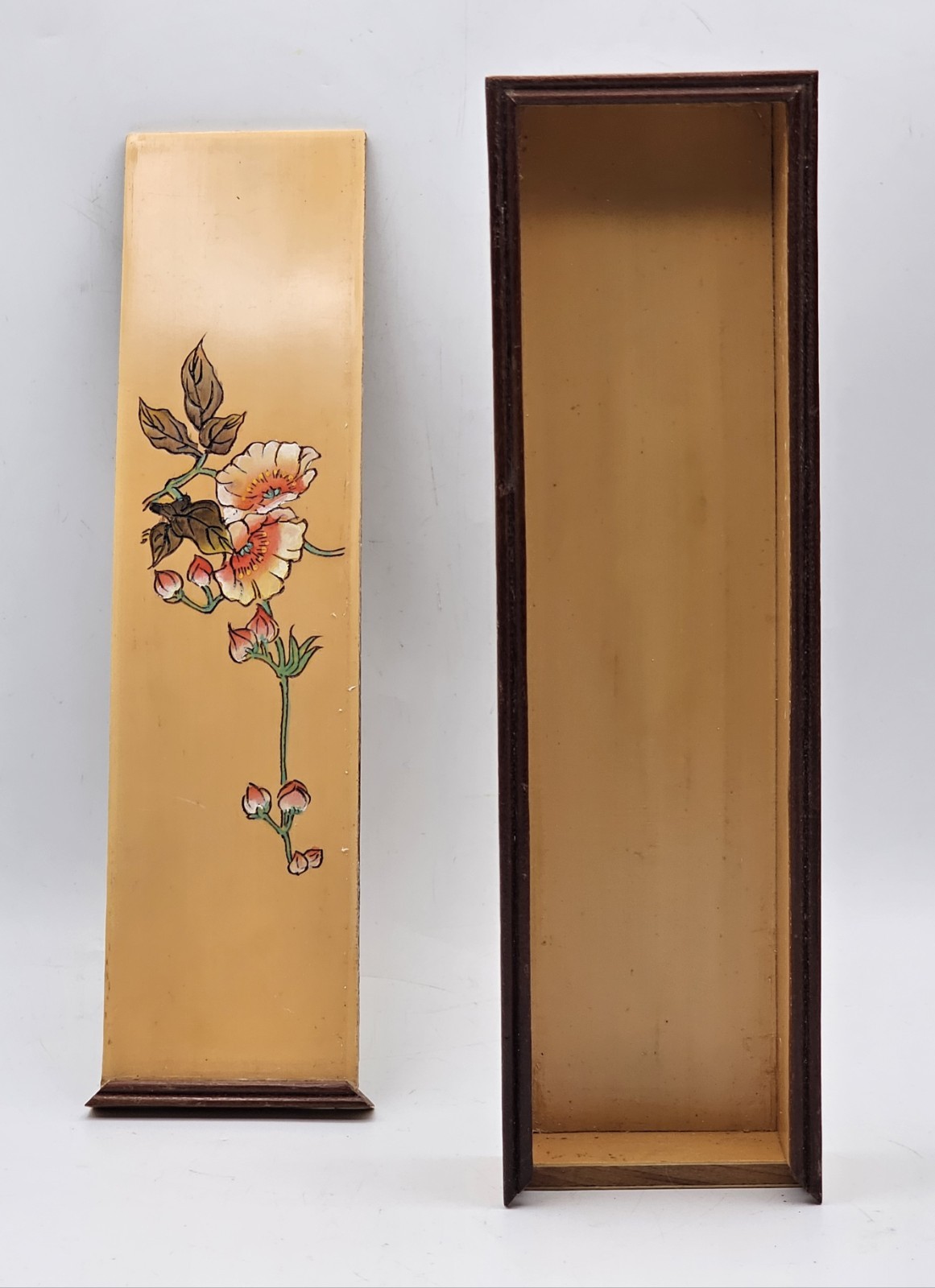 Vintage Chinese Acrylic Faux Wood Hand Painted Trinket Pencil Sliding Box GREAT!