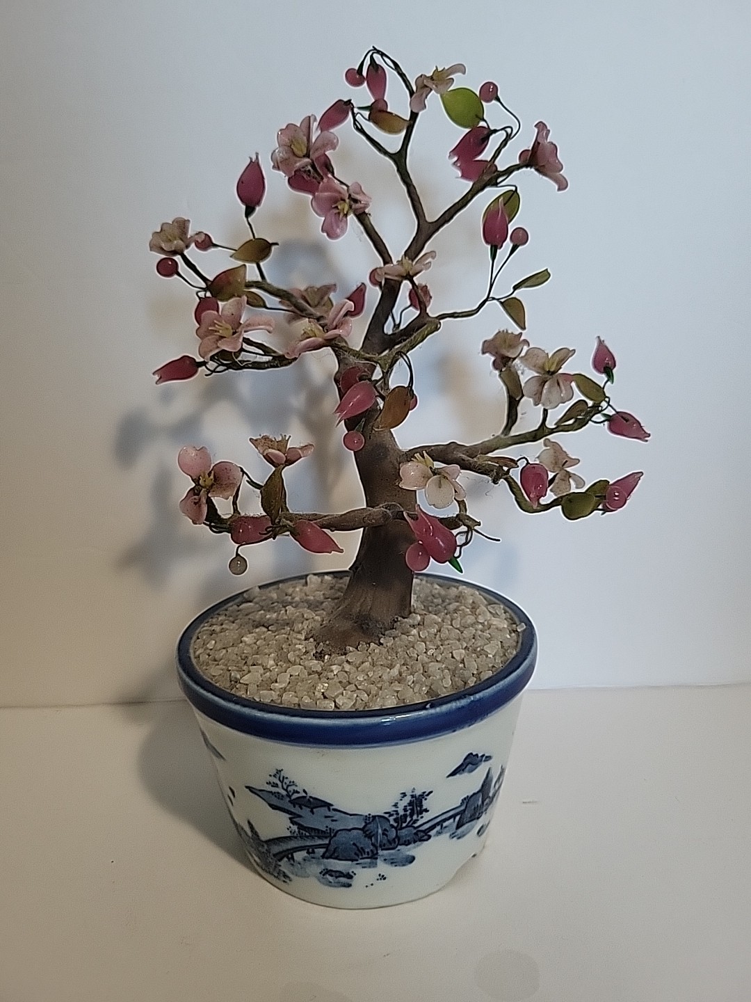Jade & Agate Glass Cherry Blossom Bonsai Tree In Blue & White Ceramic Pot