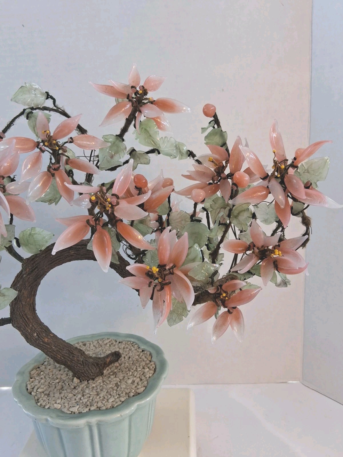 Vtg! XL Asian Bonsai Jade Glass & Coral Color Quartz Flowering Tree;14.5″x 13.0″