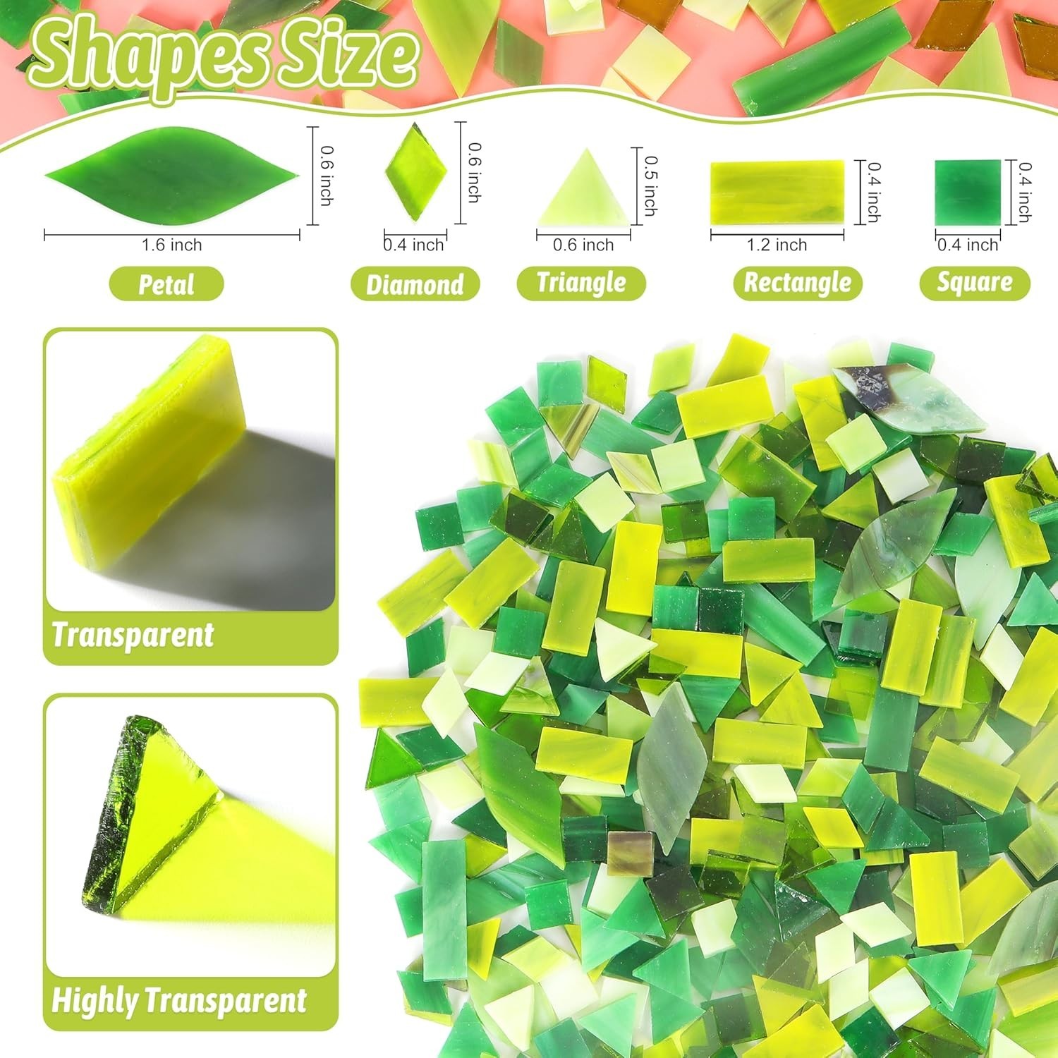 Glass Mosaic Tiles for Crafts – 320 Pcs in Green, Perfect for All Skill Levels