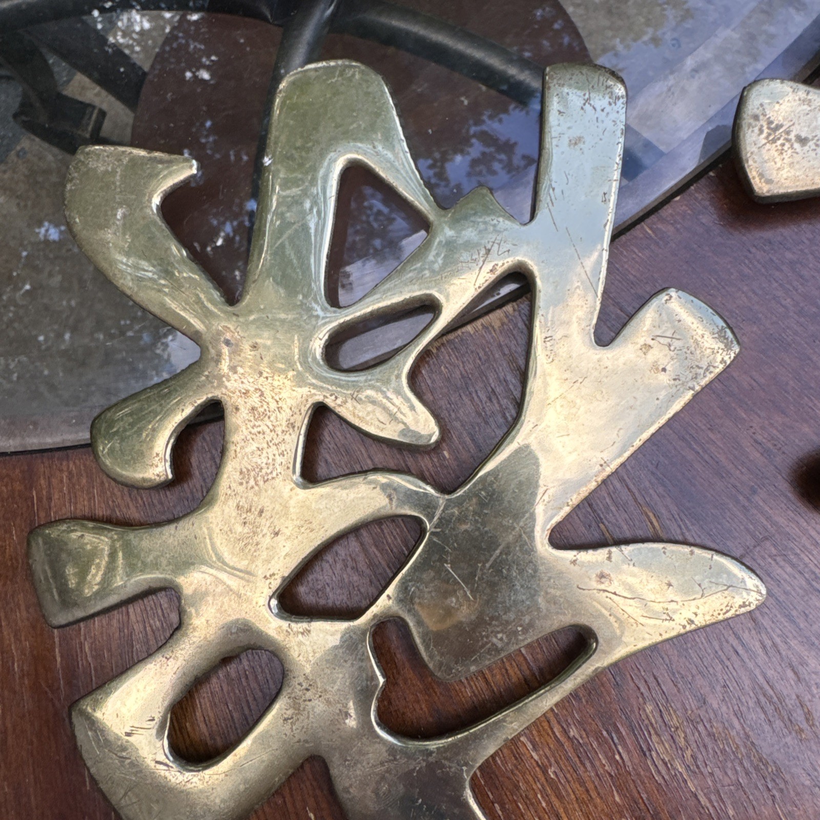 Vtg Chinese Brass Symbols (4) Wall Hanging/Trivet – Long Life – Good Luck 10″
