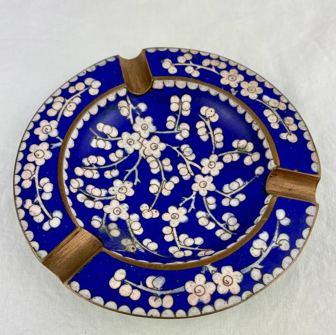 Vintage Chinese Cloisonné Blue Cherry Blossom Floral Enamel Ashtray Signed China