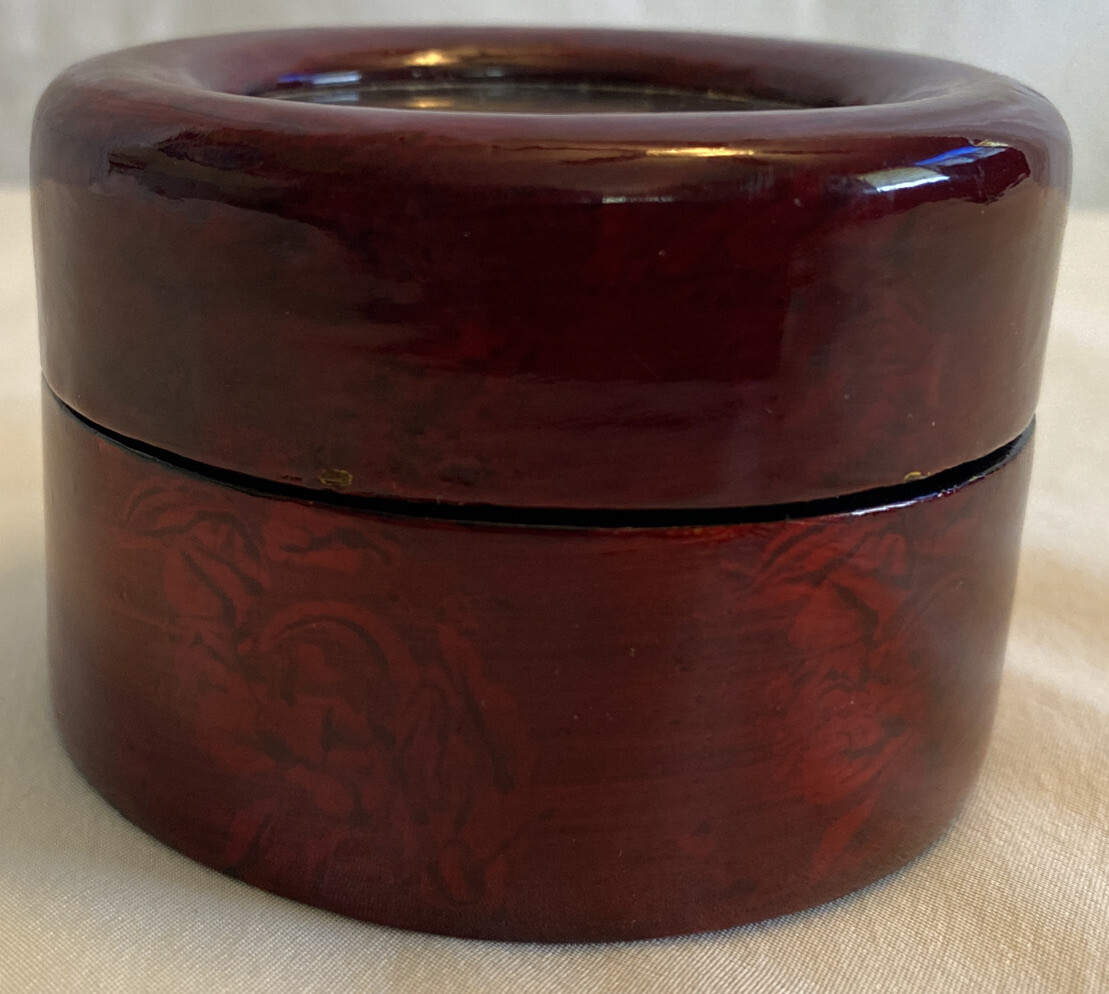 Vintage Wooden Trinket Box with Carved Cork Inlay in the Lid Lined with Red Silk