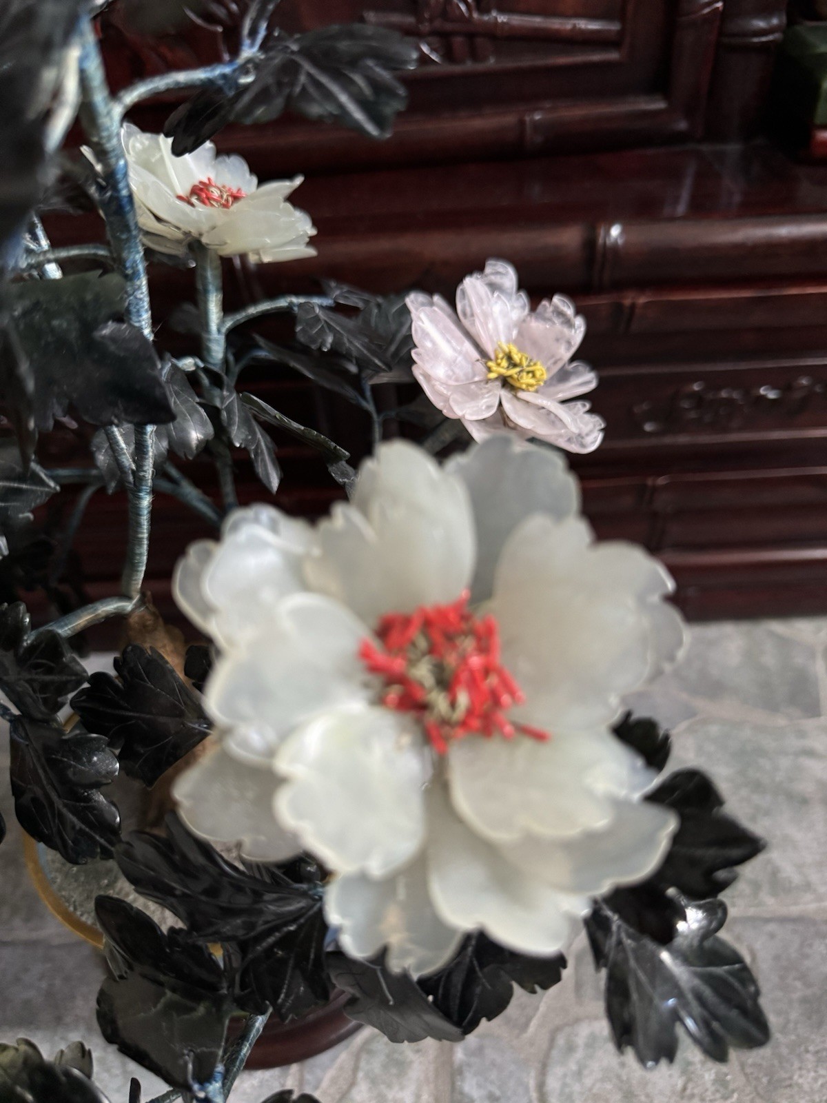 SET PAIR of matching 15” High JADE stone flower tree bonsai with cloisonné Pot